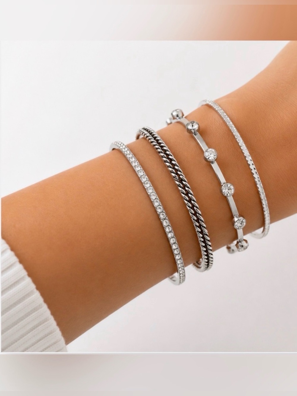 4-Piece Silver-tone Crystal Stackable Bangle Bracelet Set